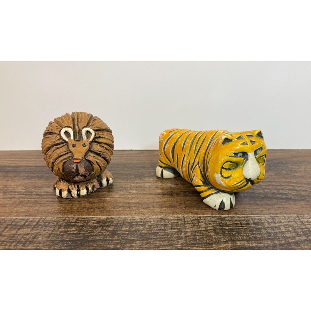 Vintage Artesania Rinconada Tiger & Lion Figurines Uruguay Ceramic Jungle Folk